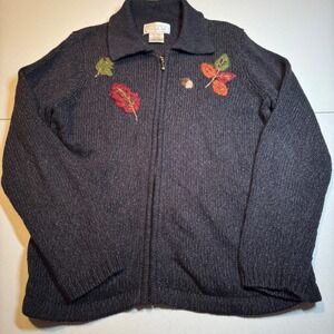 Vtg Mandal Bay Womens Small Full Zip Grandma Sweater Embroidered Fall Leaves